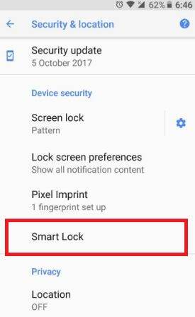 Blocare inteligentă sub securitatea dispozitivului în Android Oreo